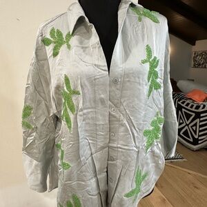 Zara White Button Down Shirt with Green Leaf Design